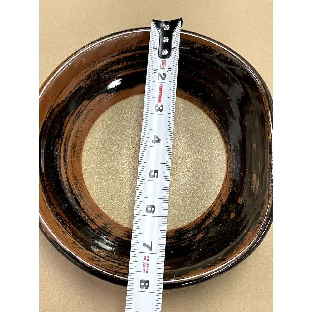 Studio Pottery Handcrafted Brown Glazed Bowl Green Swirl Abstract 7.75in Artisan